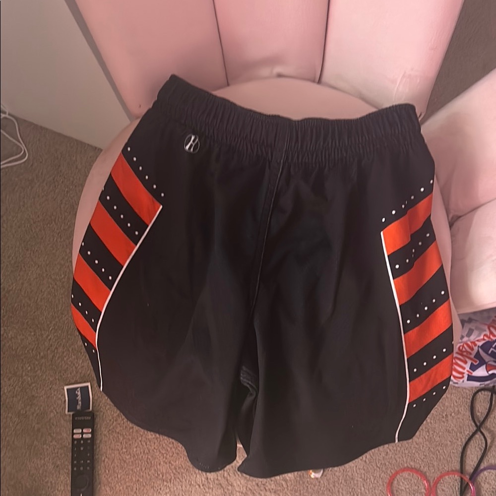 Black and Orange Athletic Mesh Shorts with Elastic Waist